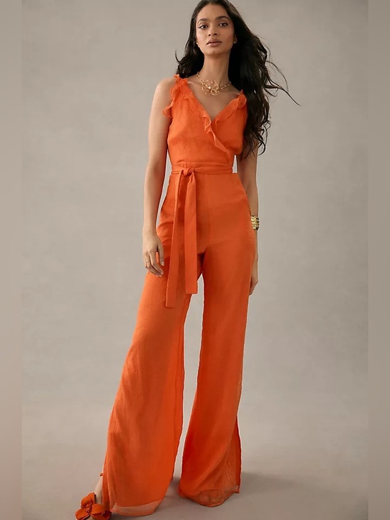 Hutch Pants - Hutch Tangerine Ruffle Wide Leg Jumpsuit Size 14P Petite NWT